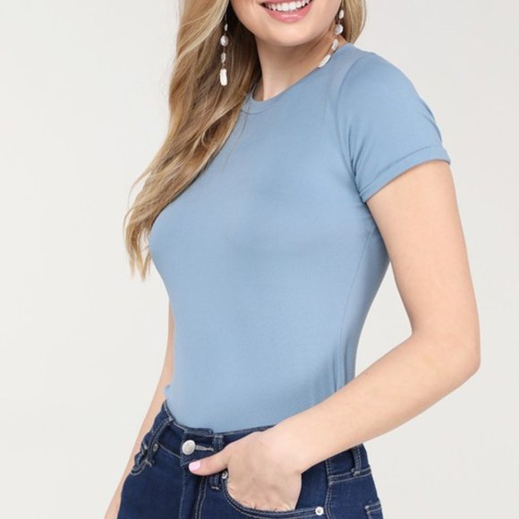 Round Neck Short Sleeve BodySuit, Blue Denim - Picture 7 of 9